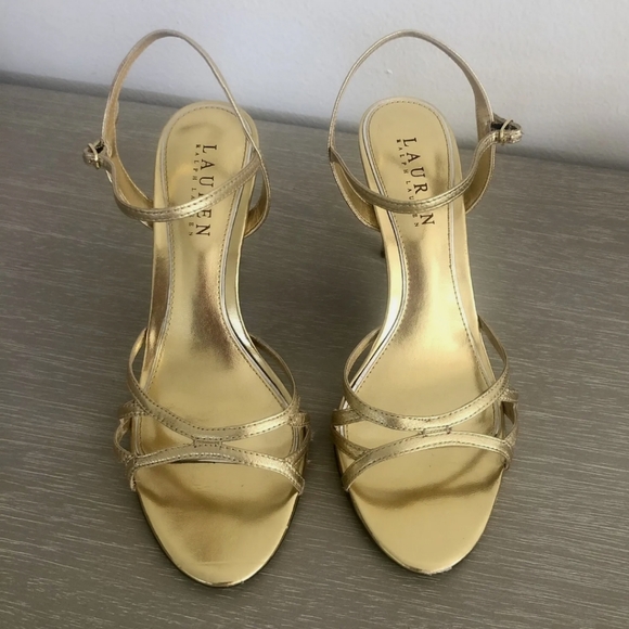 Ralph Lauren Gold Sammy Leather Strappy High Heel Sandals - Picture 2 of 8